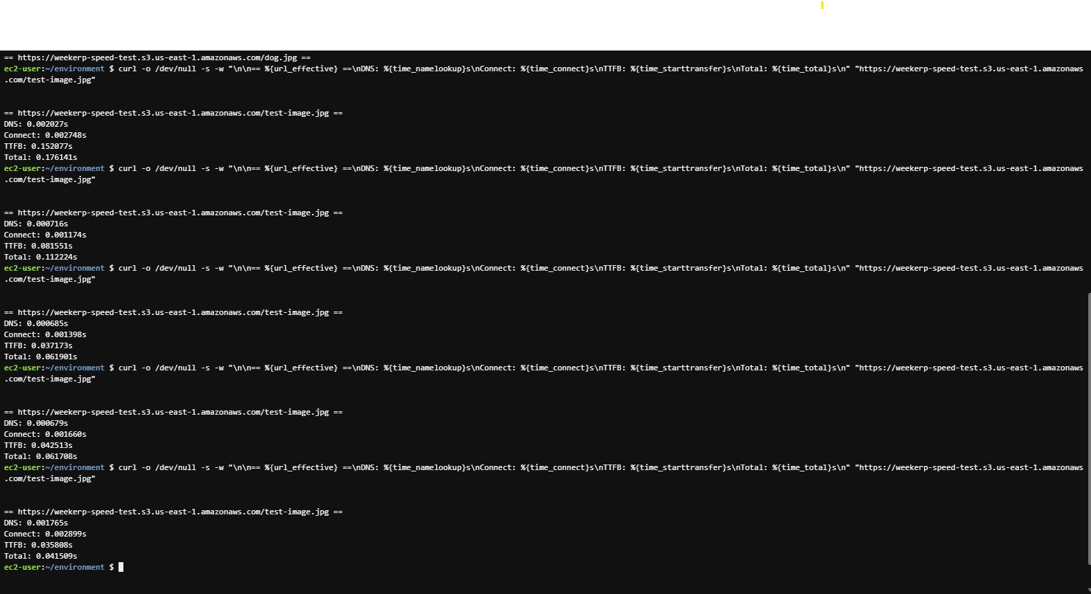 S3とCloudFrontの応答時間を測定するため、異なるAWS Cloud9リージョンで実行したcurlテスト方法のスクリーンショット。