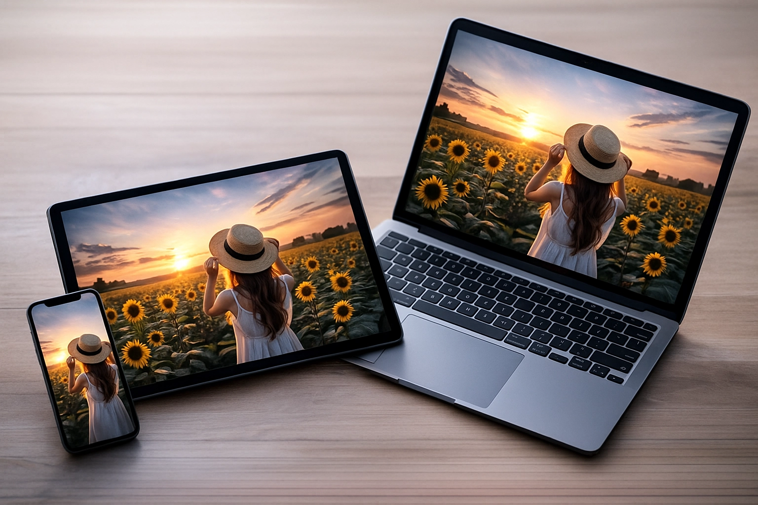 スマートフォン・タブレット・ノートPCに同じ画像が表示されているイメージ