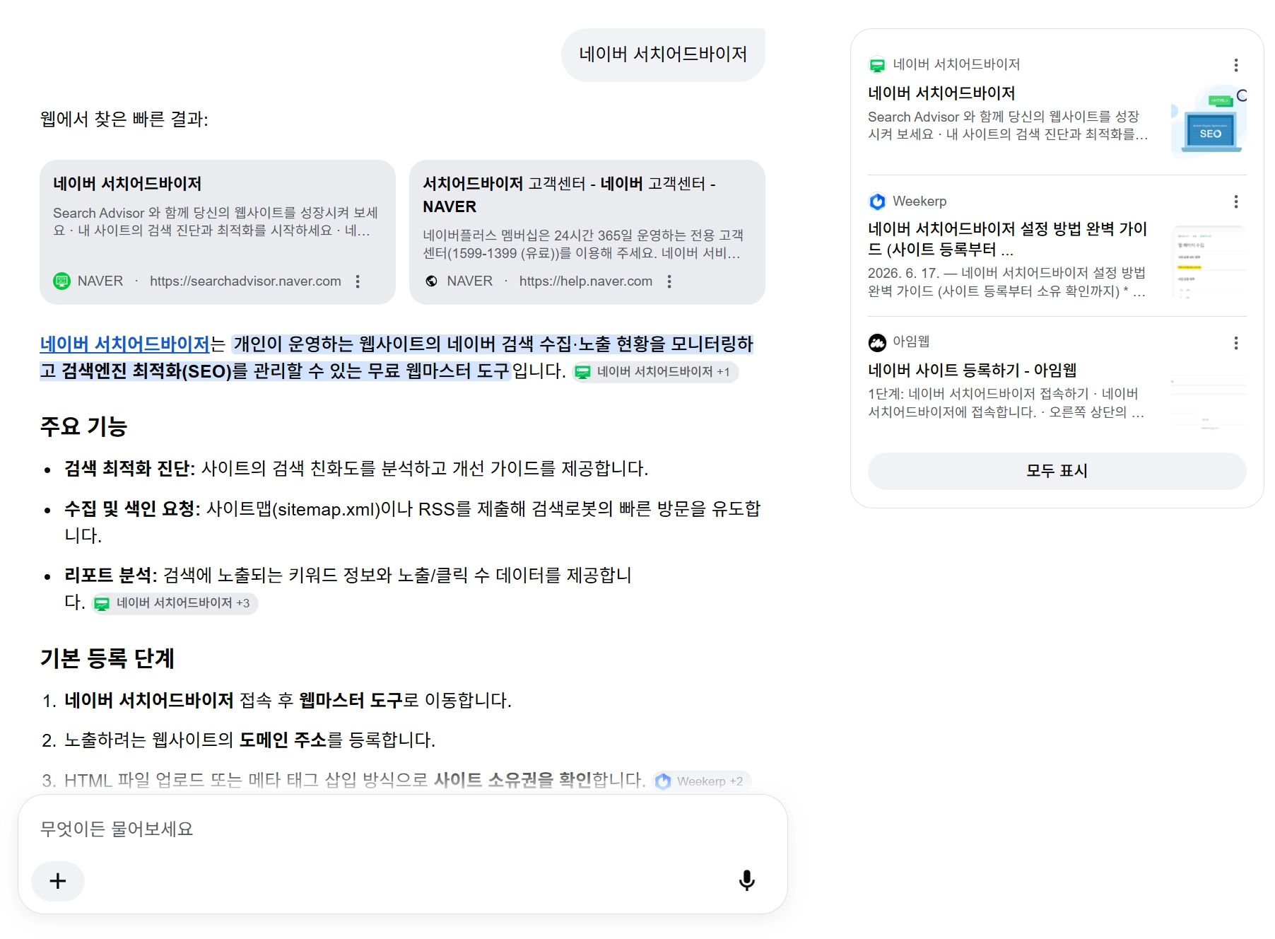 네이버 서치어드바이저 구글 AI Overview 검색 결과